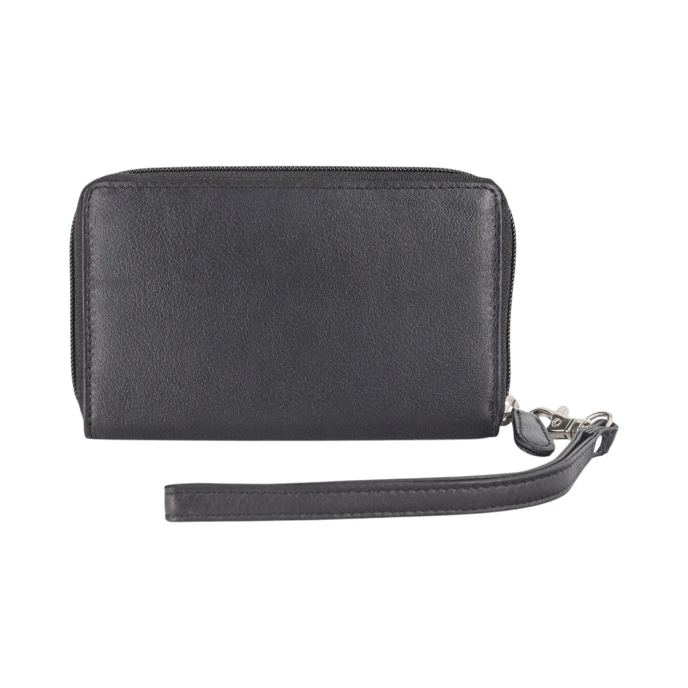 Front view of Black wristlet purse on a white background