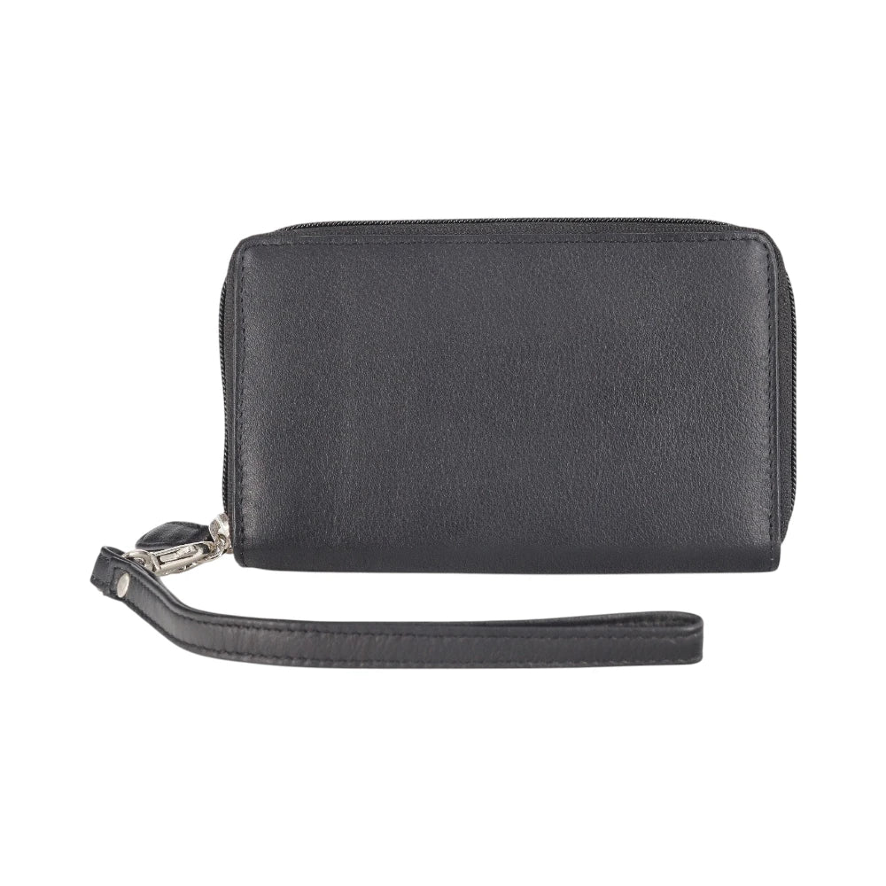 Back view of Black wristlet purse on a white background