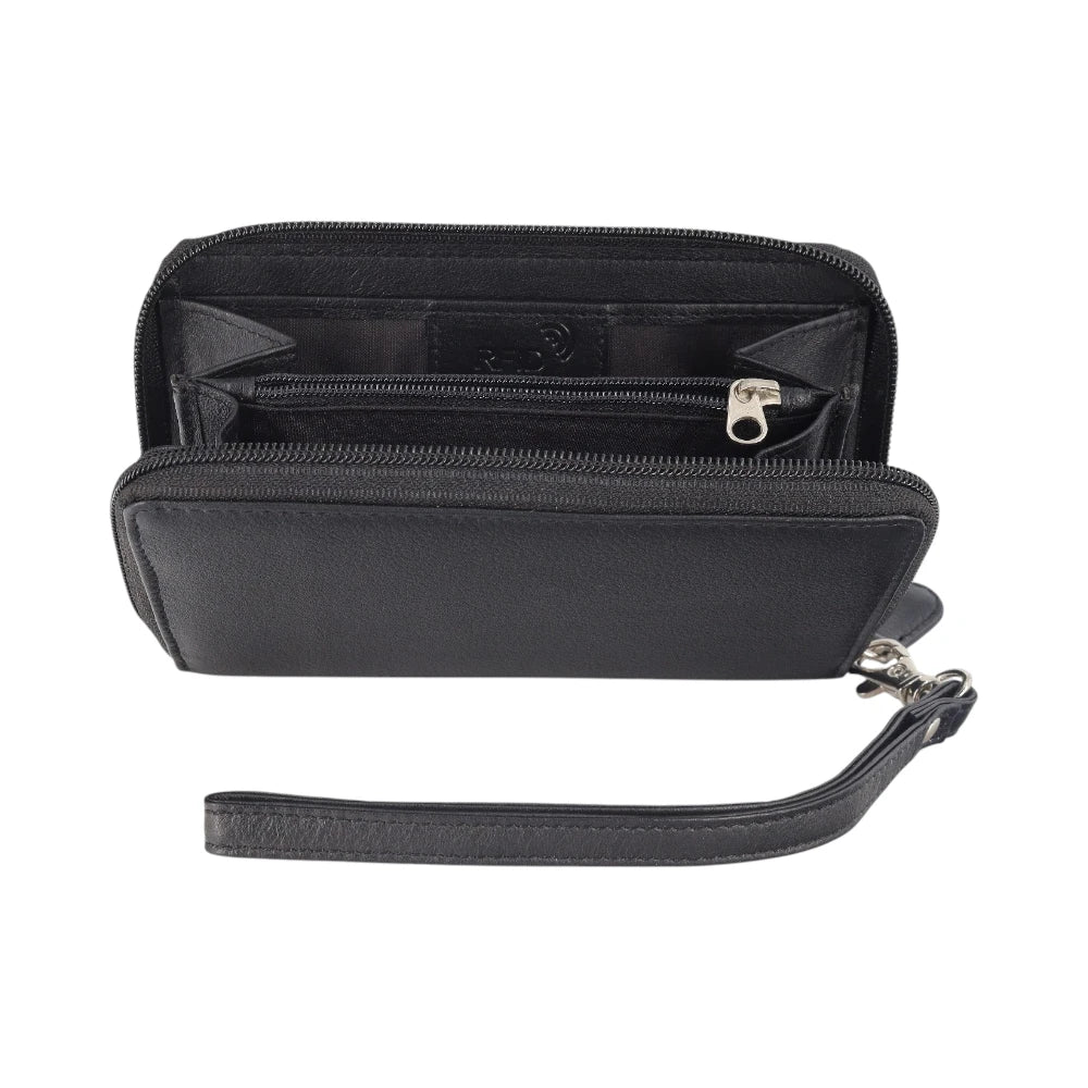 Open view of Black wristlet purse with a clear compartment on a white background