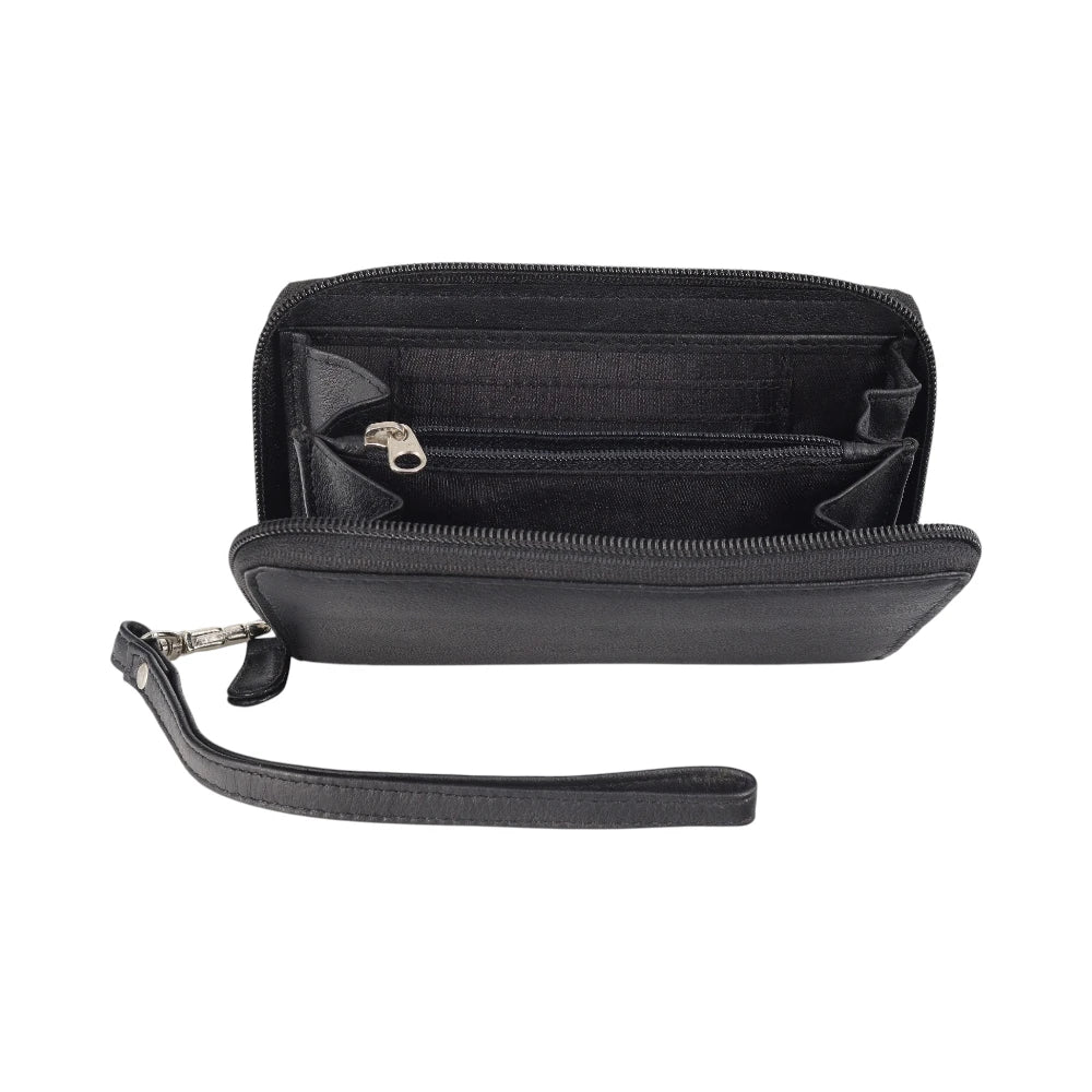 Black wallet with wrist strap on a white background