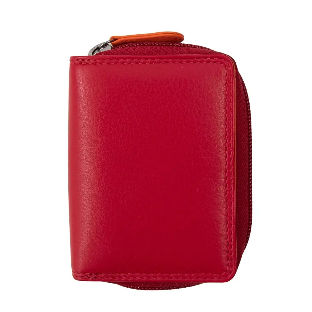 Red wallet with an orange zipper on a white background