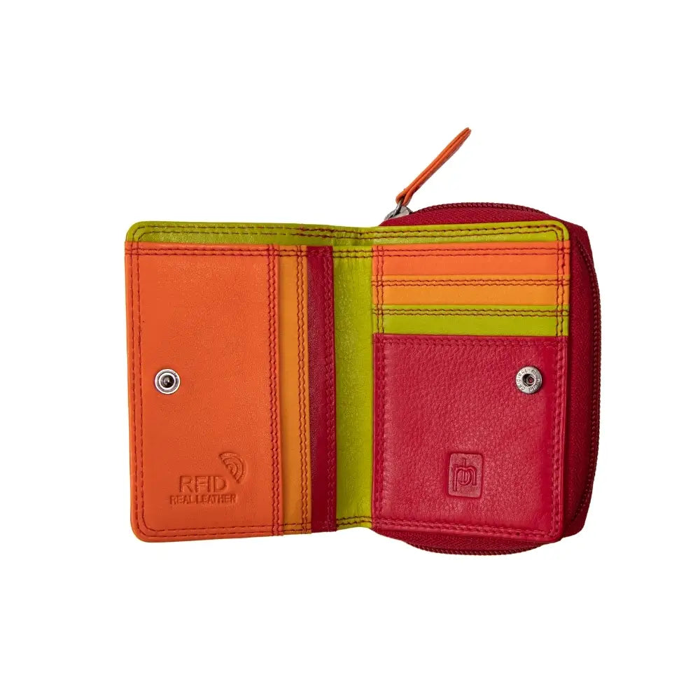 Red wallet with orange, red, and green sections on a white background