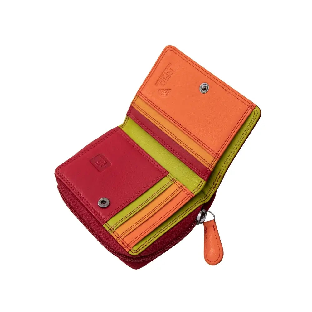 Red wallet with orange, red, and green sections on a white background