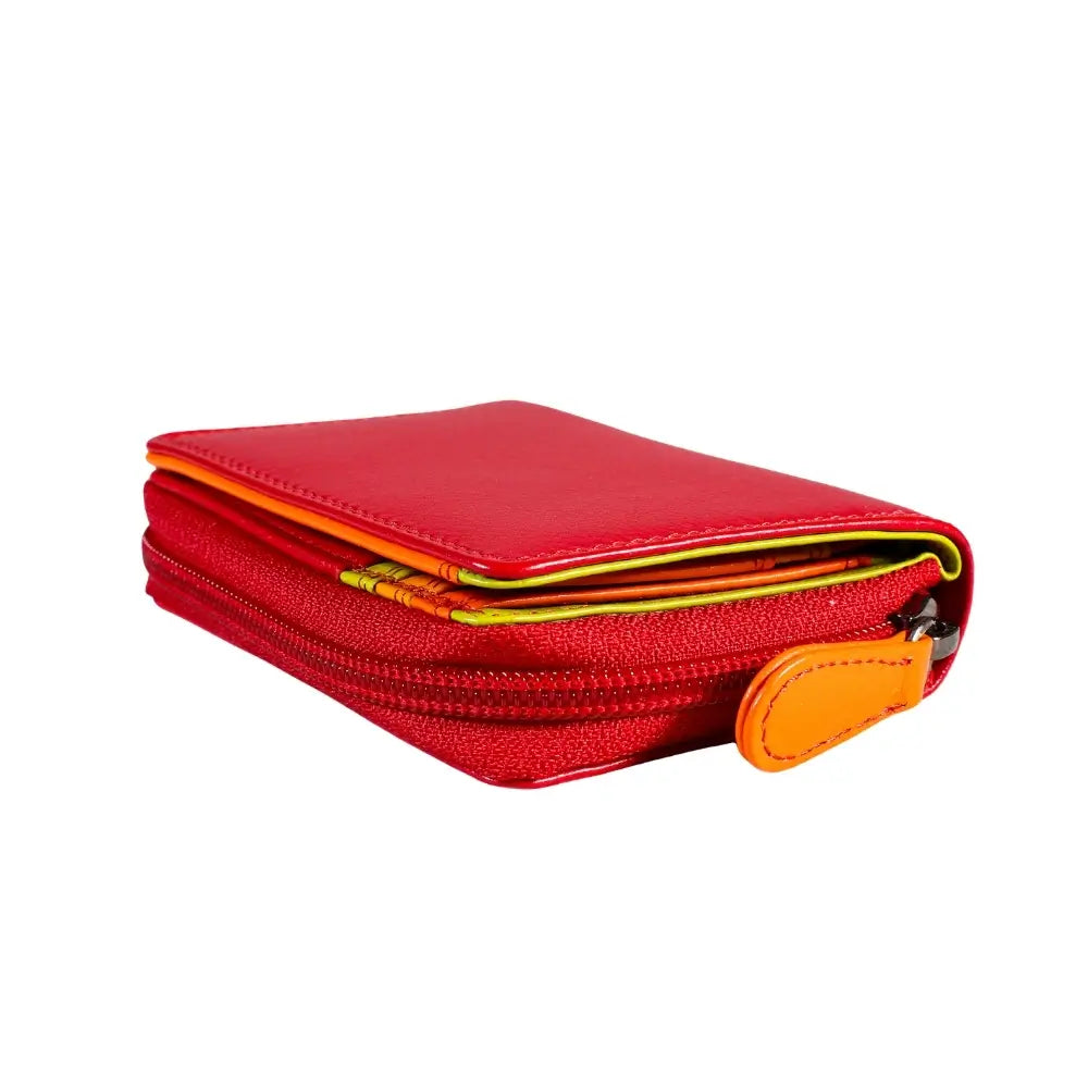 Red zippered pouch with orange interior on a white background