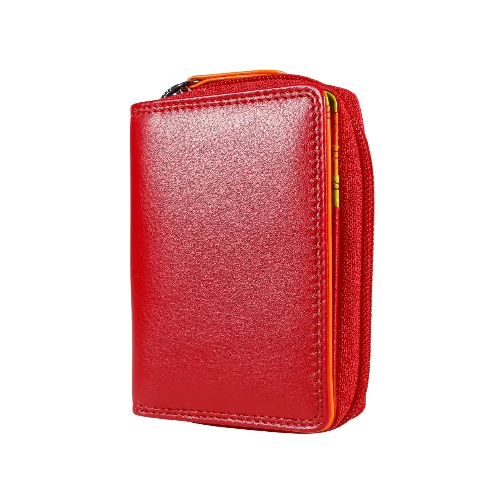 Red leather wallet with a zipper on a white background