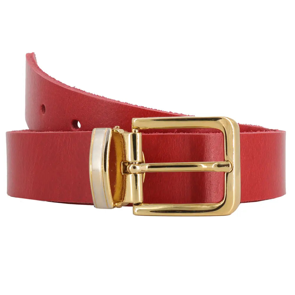 Front view of Red belt with a gold buckle on a white background