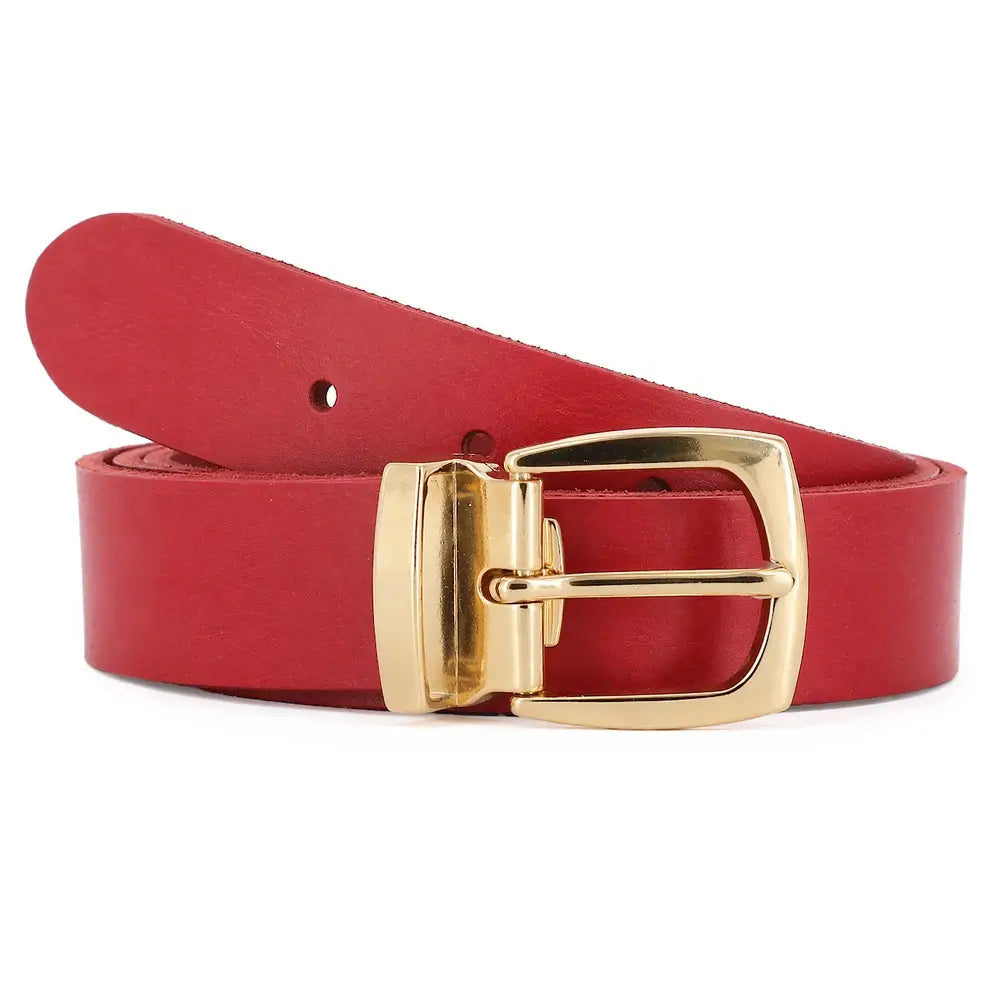 Red belt with a gold buckle on a white background
