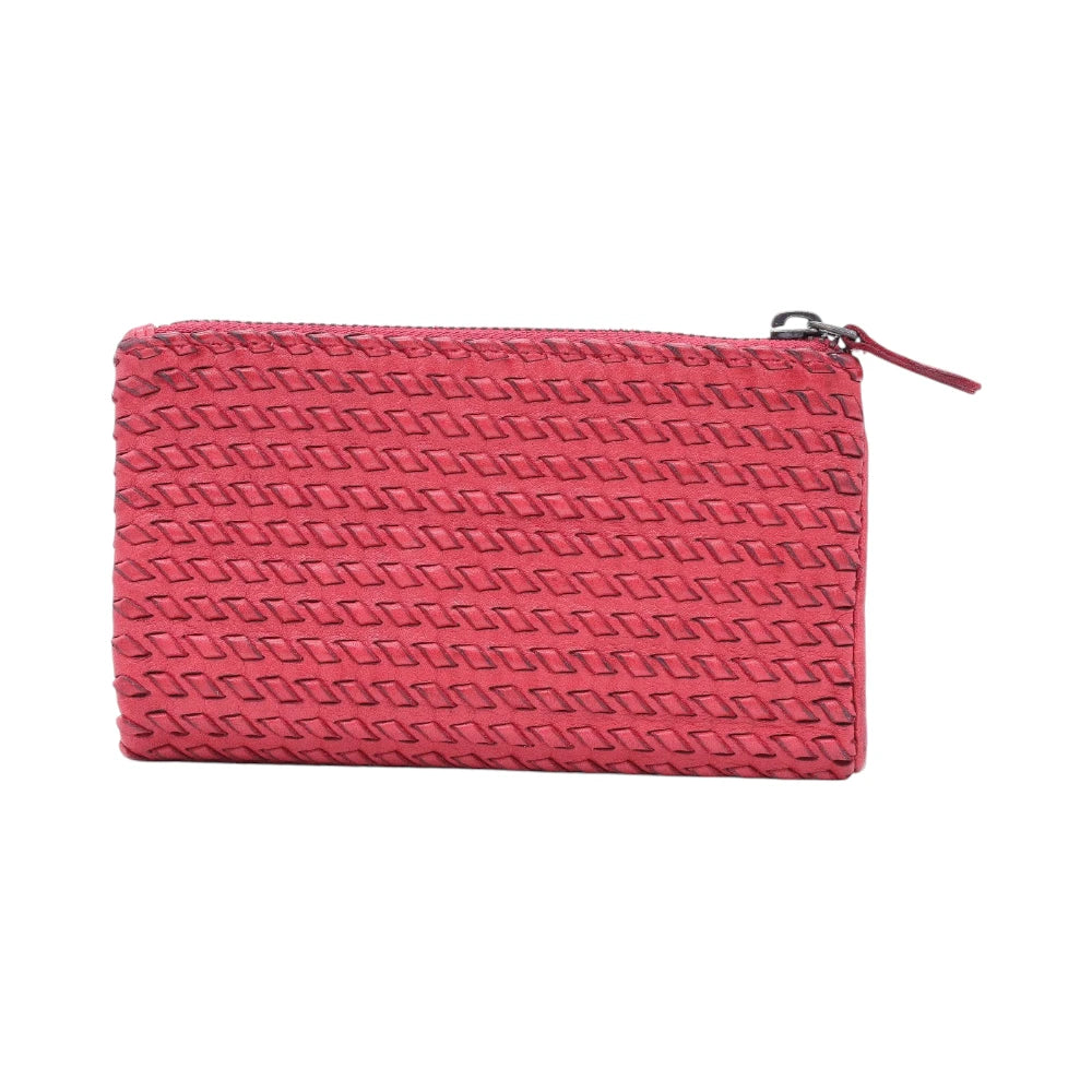 Red leather purse  with a zipper on a white background