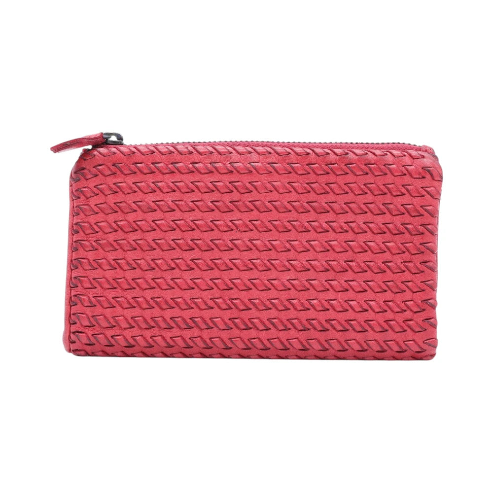 Red leather purse with a zipper on a white background