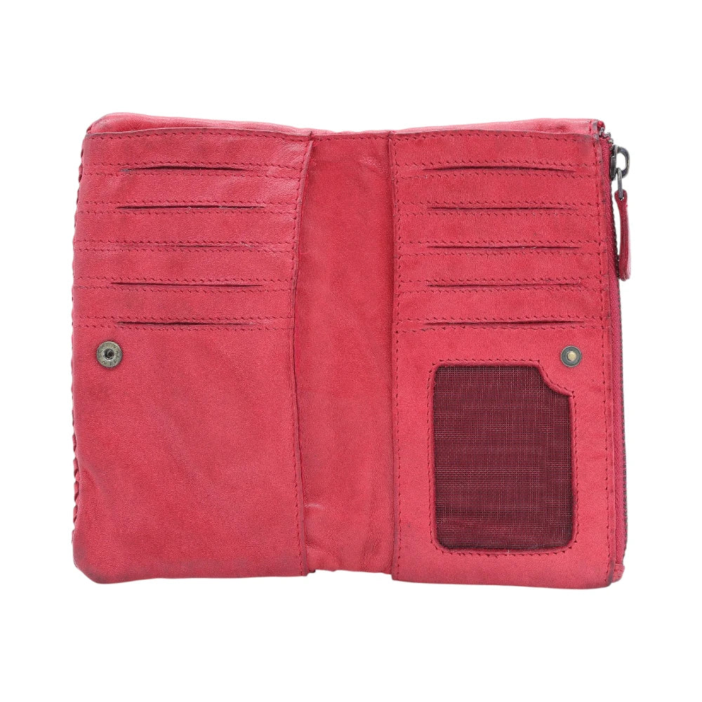 Red purse with multiple compartments on a white background