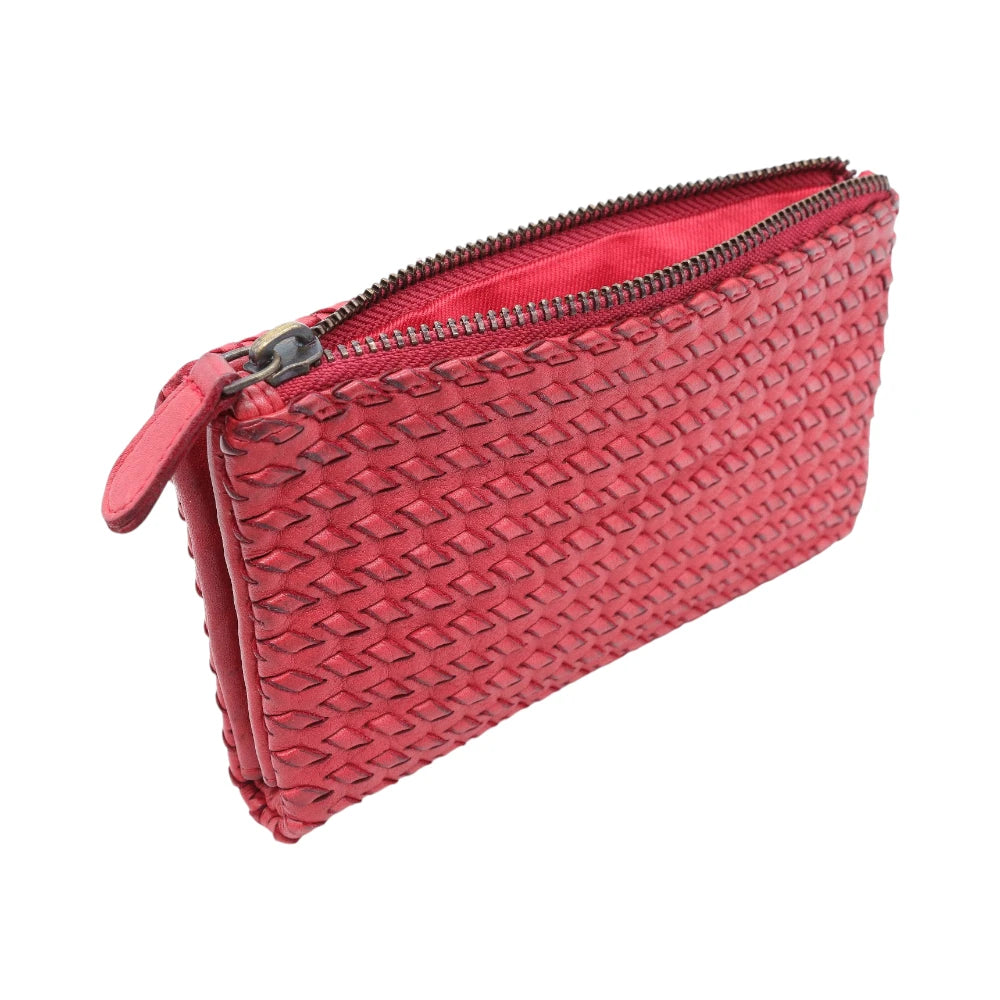 Open view of Red leather purse with a zipper on a white background
