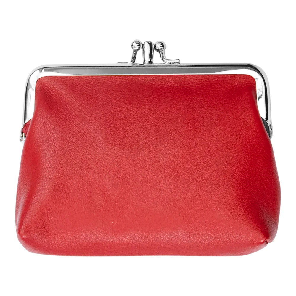 Red leather purse with a silver clasp on a white background