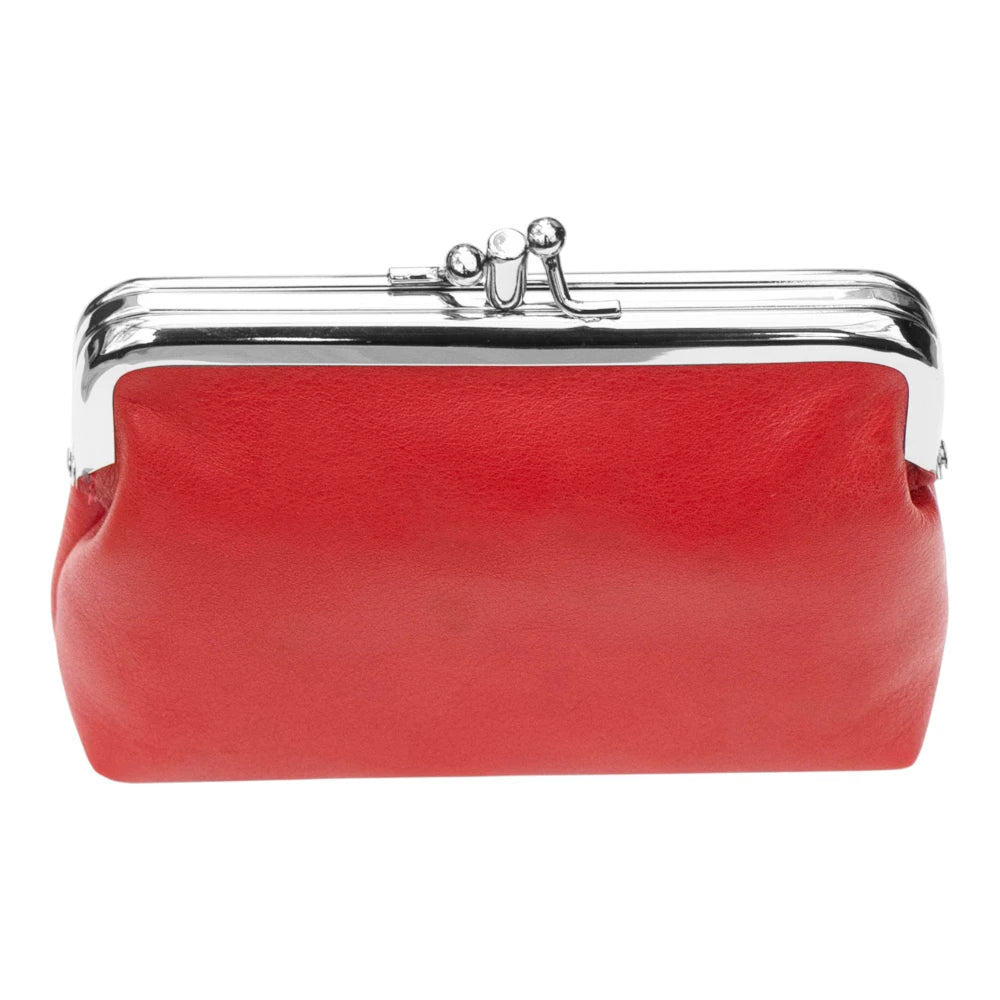 Red clutch purse with a silver clasp on a white background