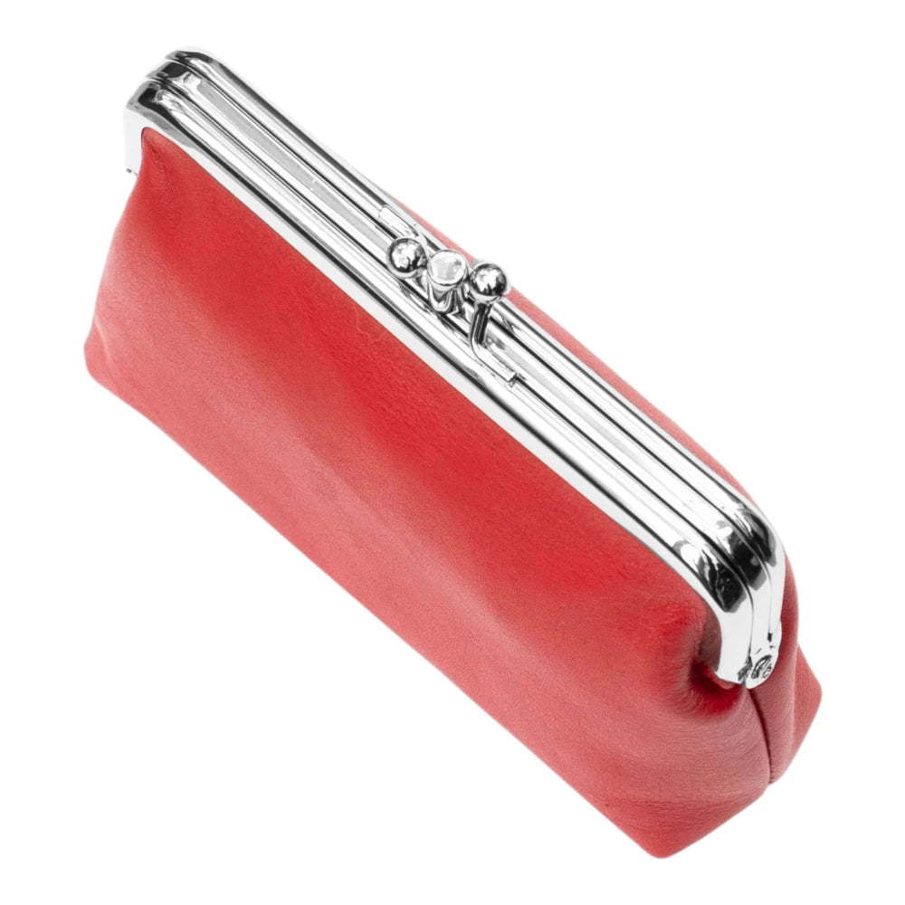 Red clutch purse with a silver frame on a white background