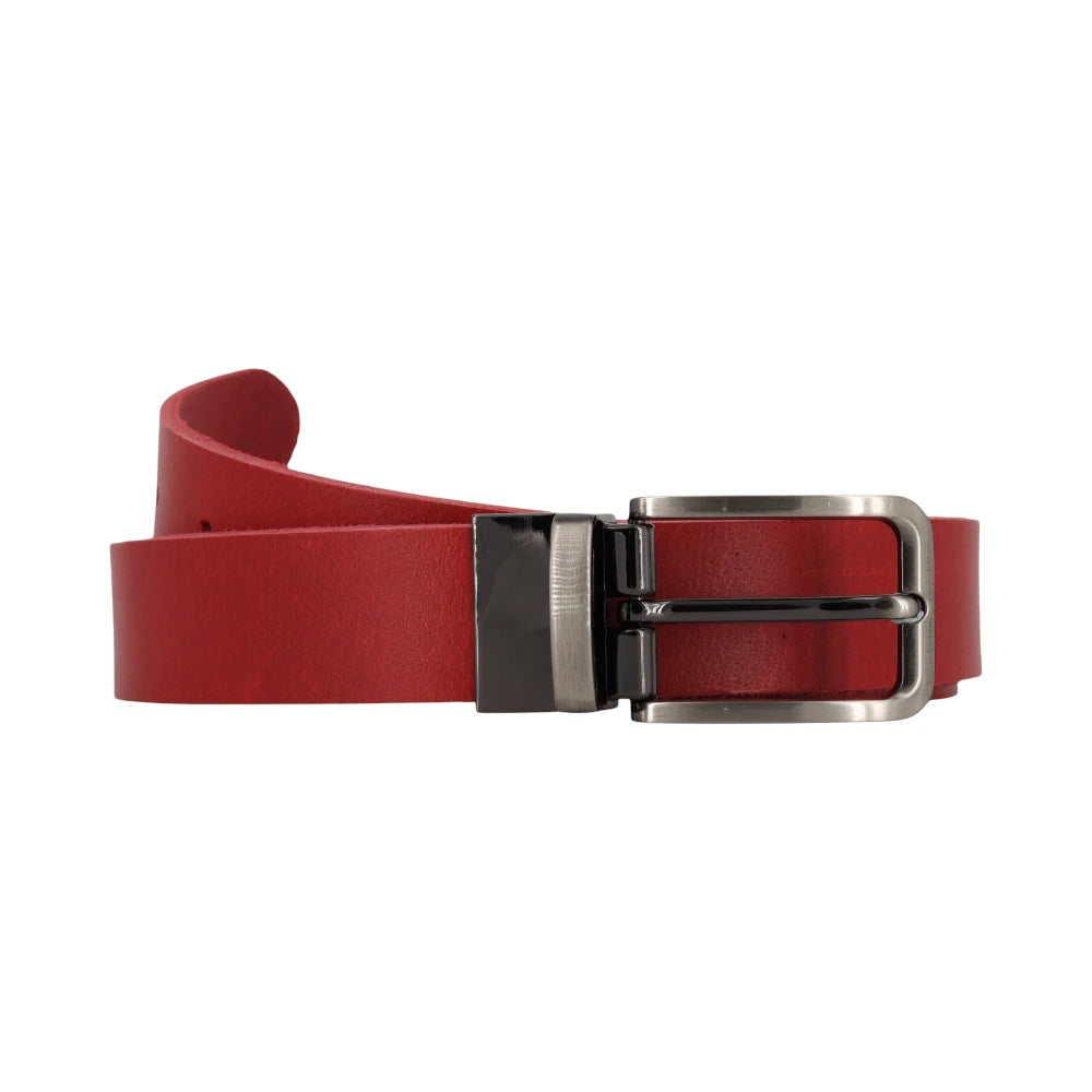 Red belt with a silver buckle on a white background