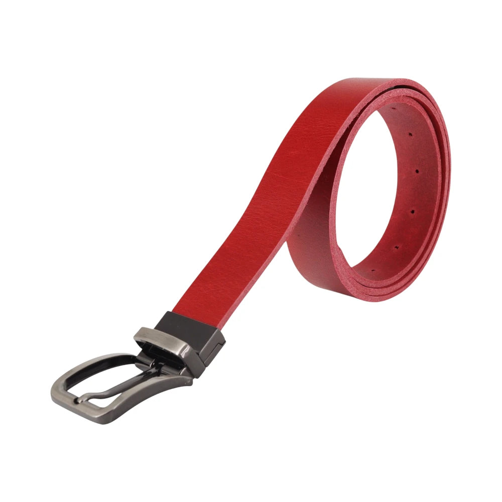 Red belt with a silver buckle on a white background