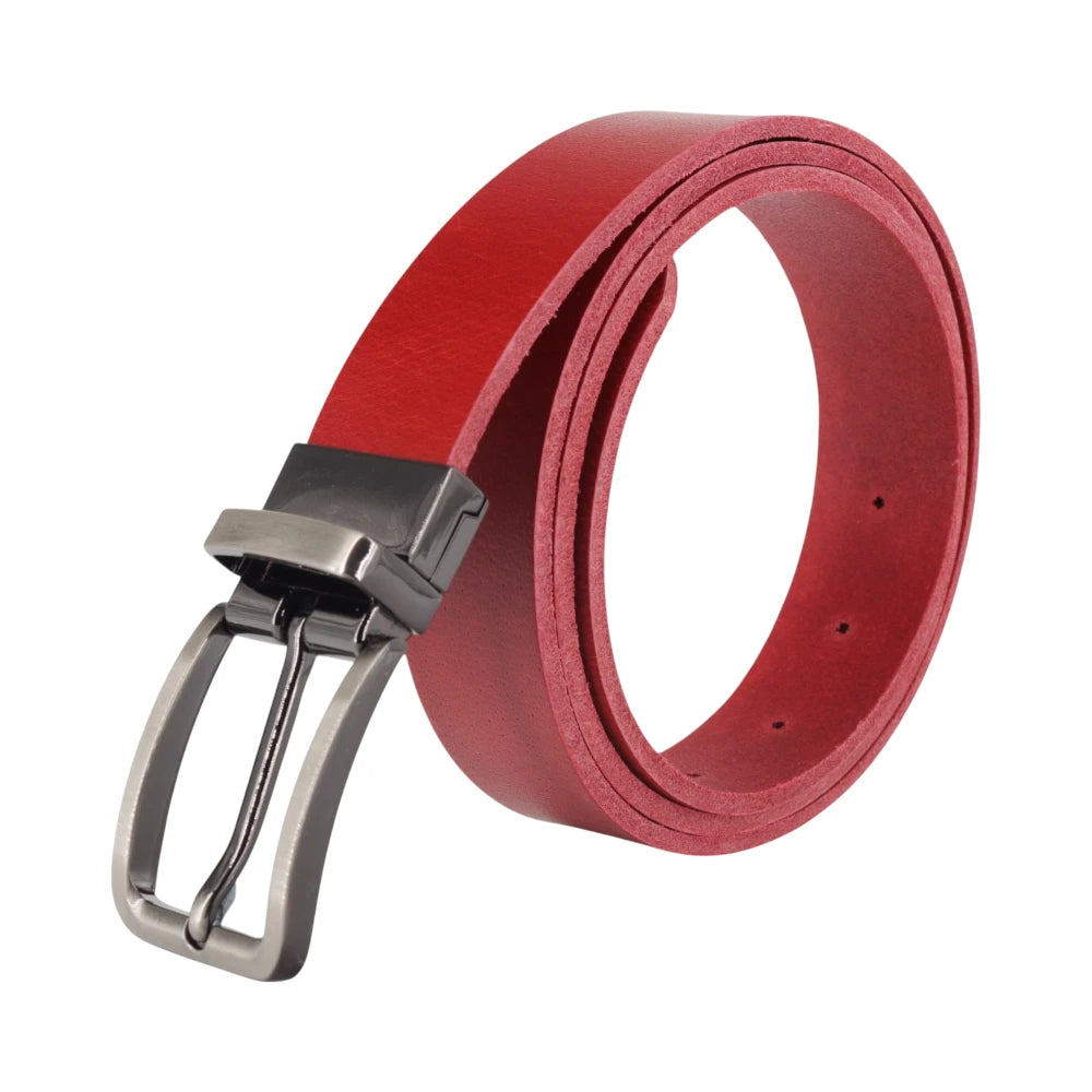 Red belt with a silver buckle on a white background