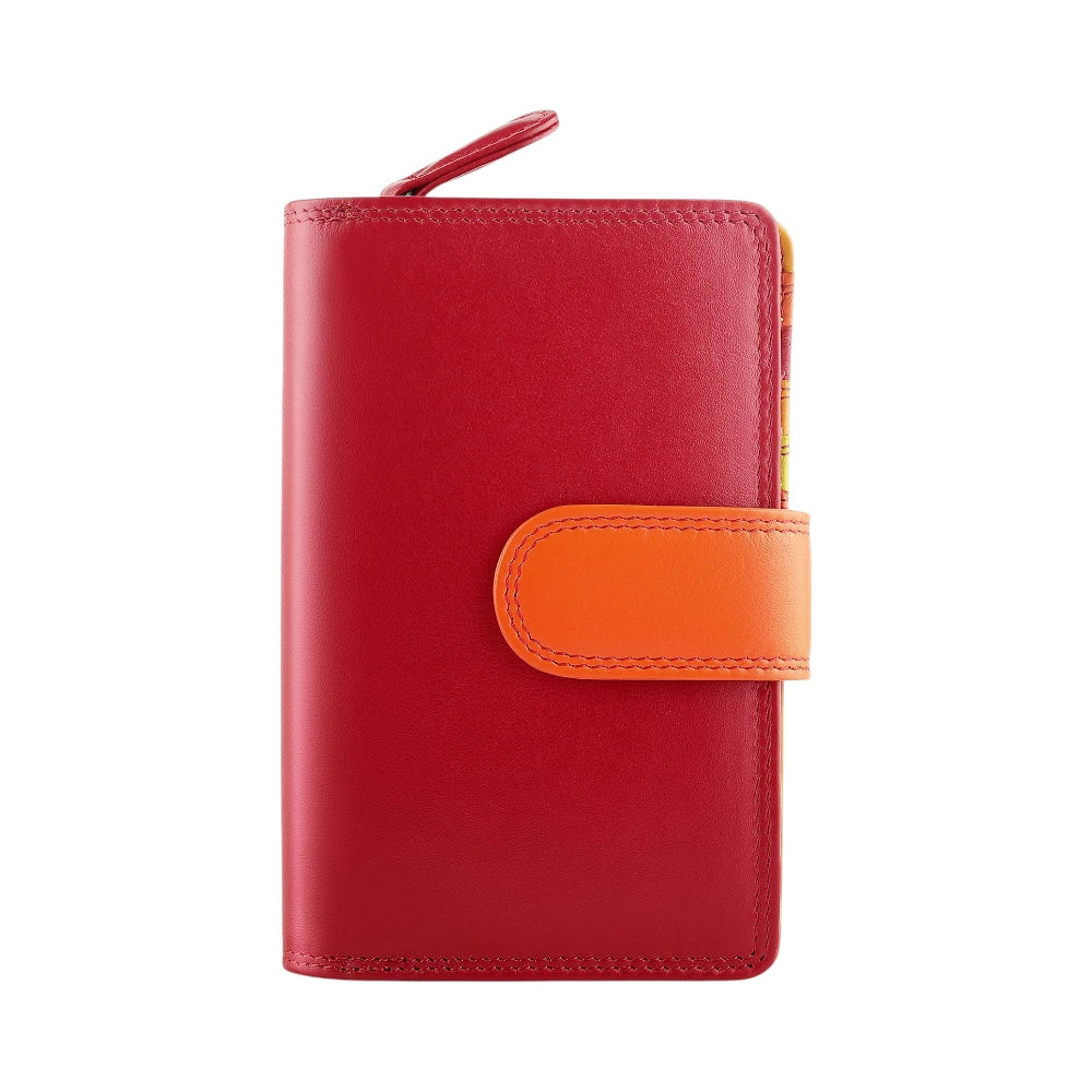 Front view of Red wallet with an orange strap on a white background