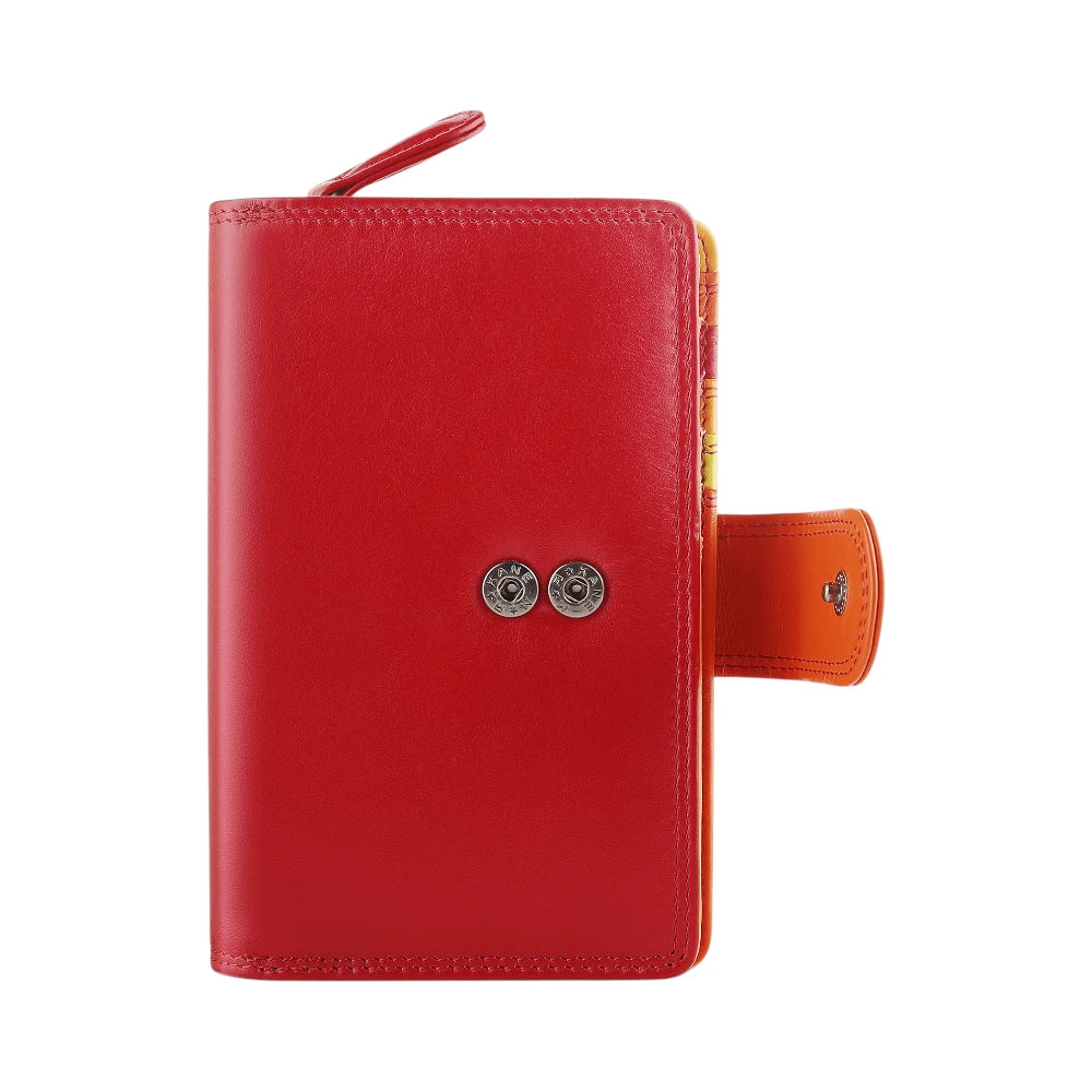 Red leather planner with orange strap on a white background