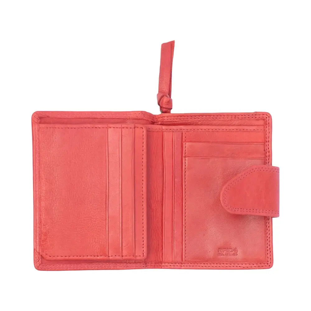 Open view of Red wallet with a strap on a white background