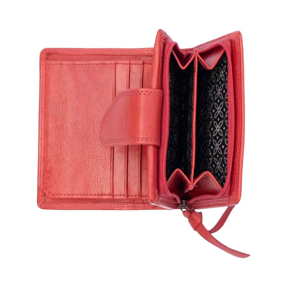 Red leather wallet with open design on a white background