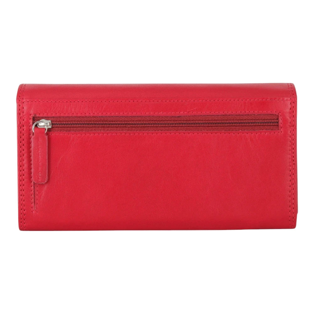 Back view of Red Milli Martinee Purse with a zipper on a light gray background