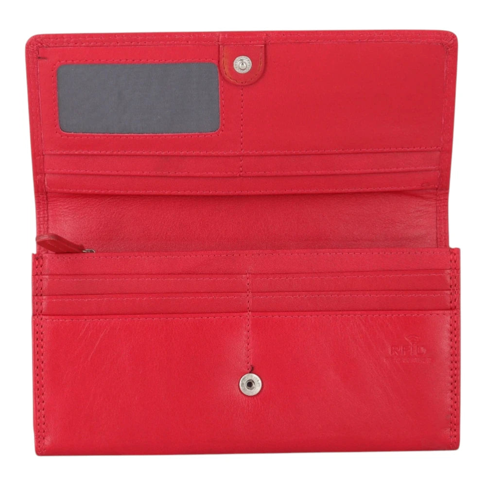 Open view of Red Milli Martinee Purse with a gray interior on a light gray background