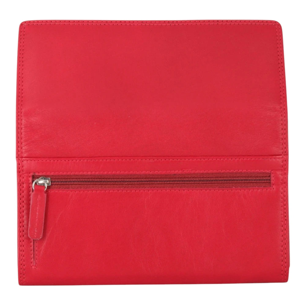 Red Milli Martinee Purse with a zipper on a light gray background