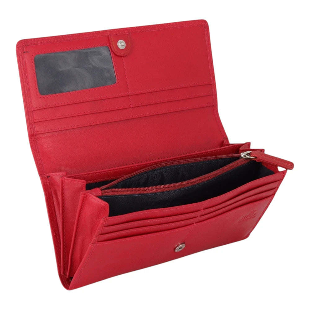 Inside view of Red Milli Martinee Purse with multiple card slots on a light gray background