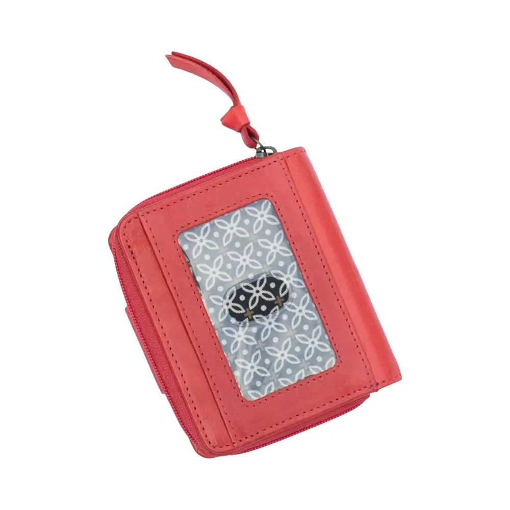 Red wallet with a patterned flap on a white background