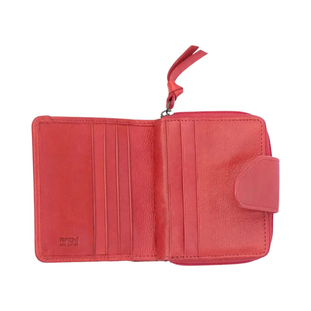Red wallet with a strap on a white background