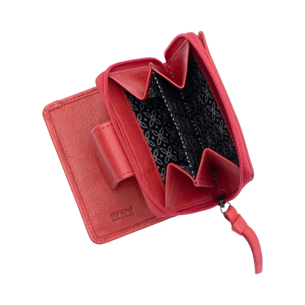 Red wallet with a black interior on a white background