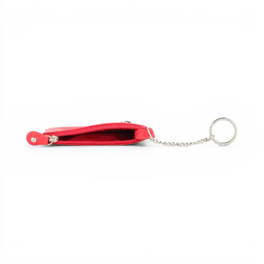 Red wallet with a keychain on a white background