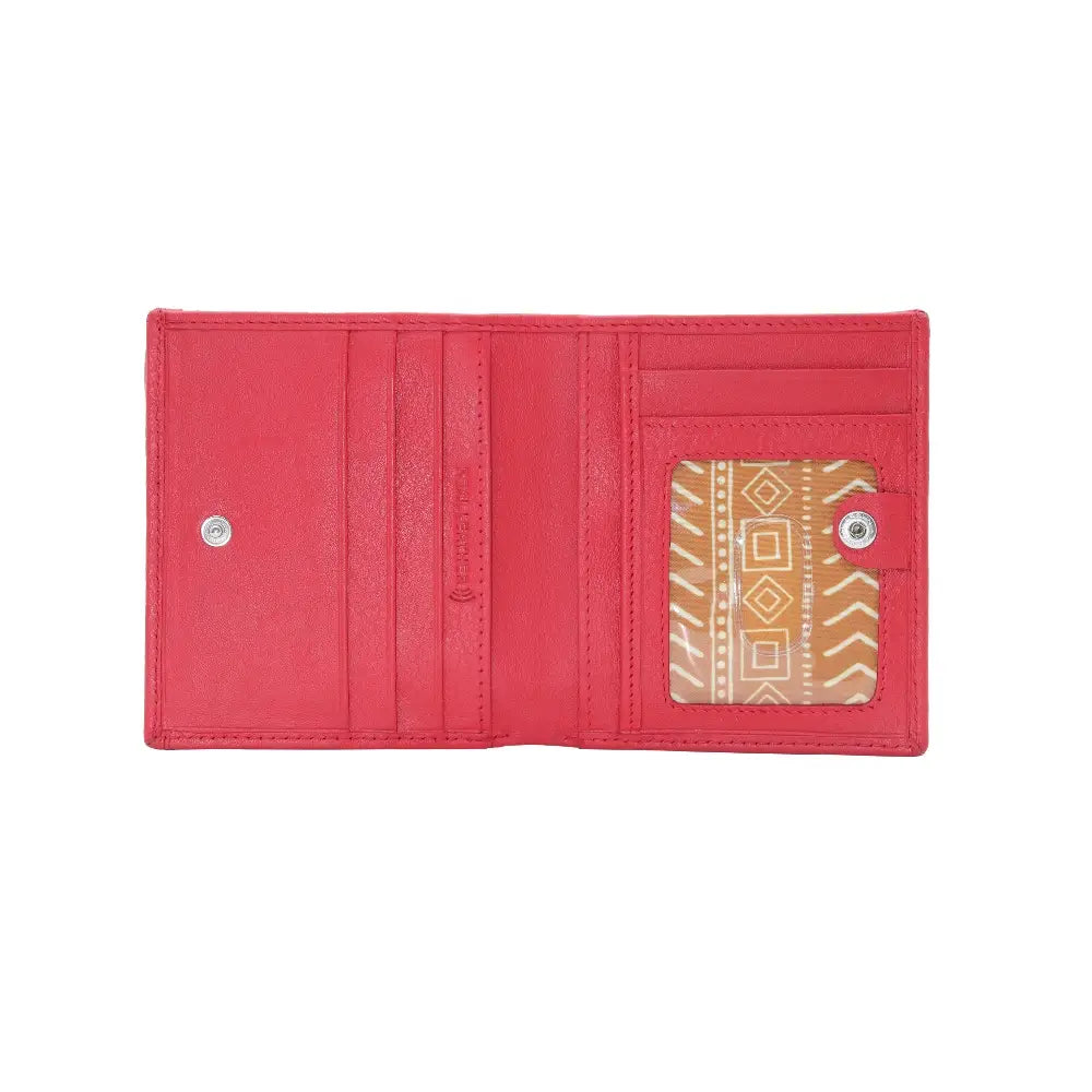 Red wallet with a patterned card holder on a white background