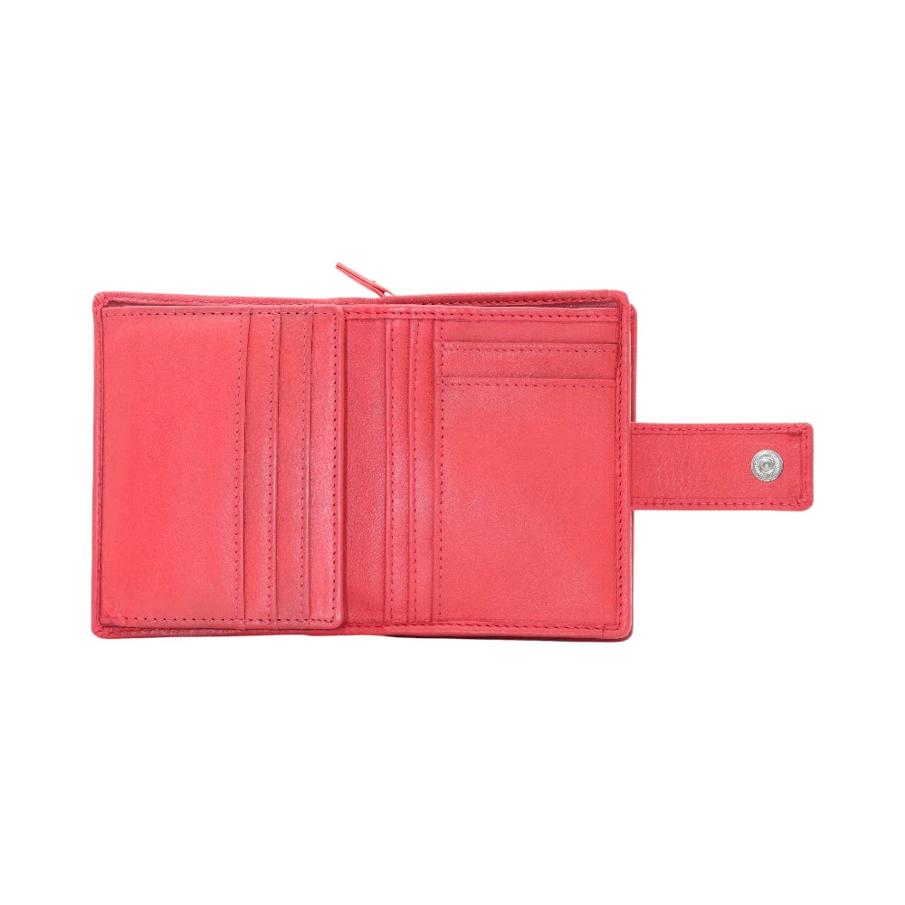 Open view of Red leather purse on a white background