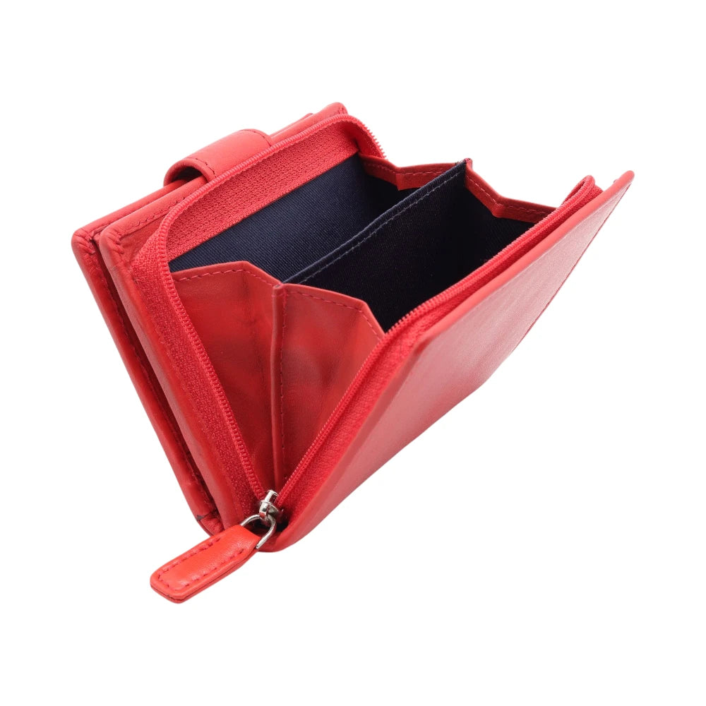 Red purse with a zipper on a white background