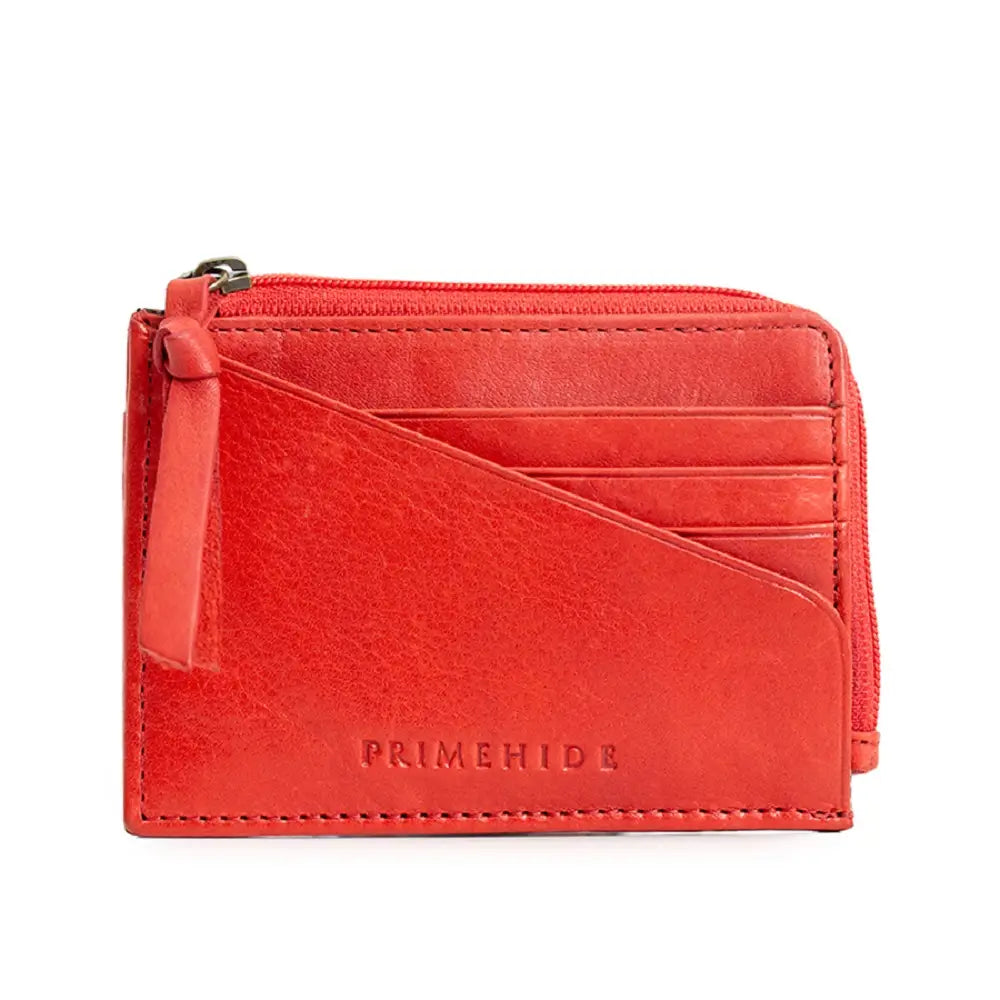 Red leather wallet with 'Primehide' branding on a white background