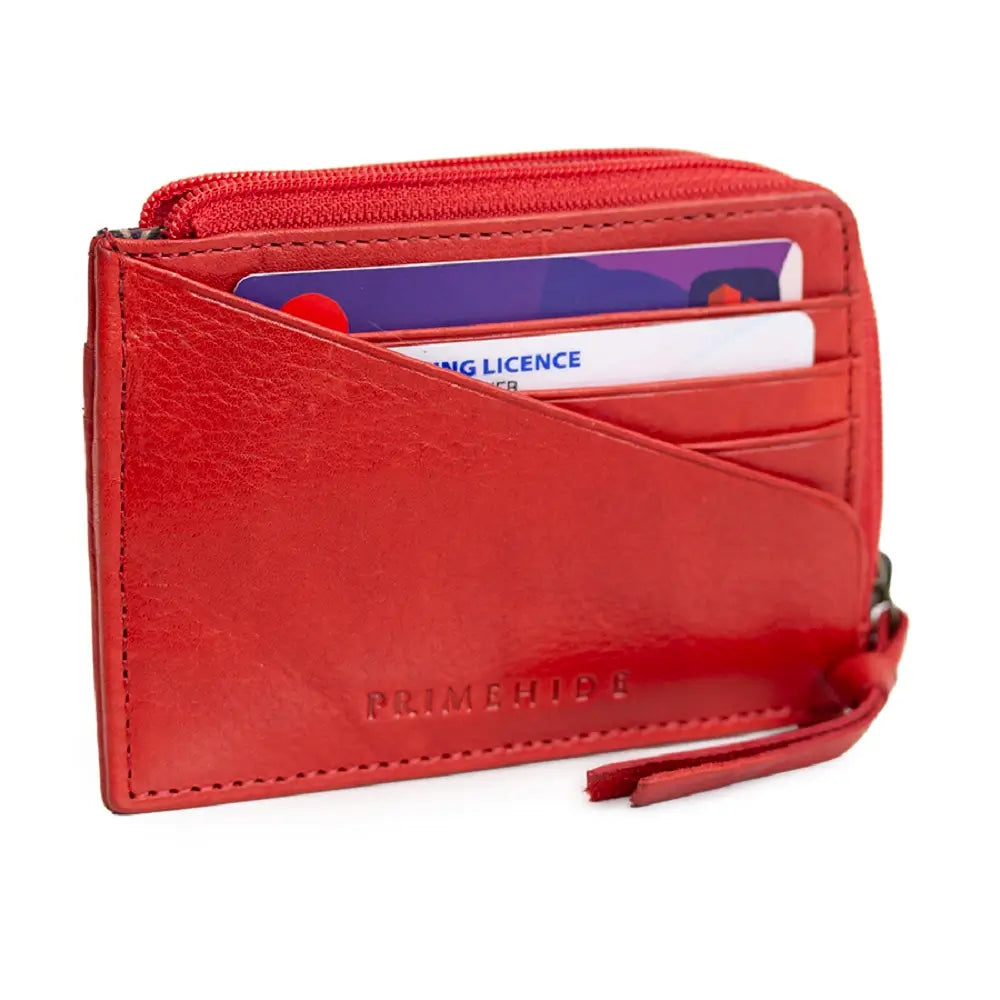 Red wallet with card slots on a white background