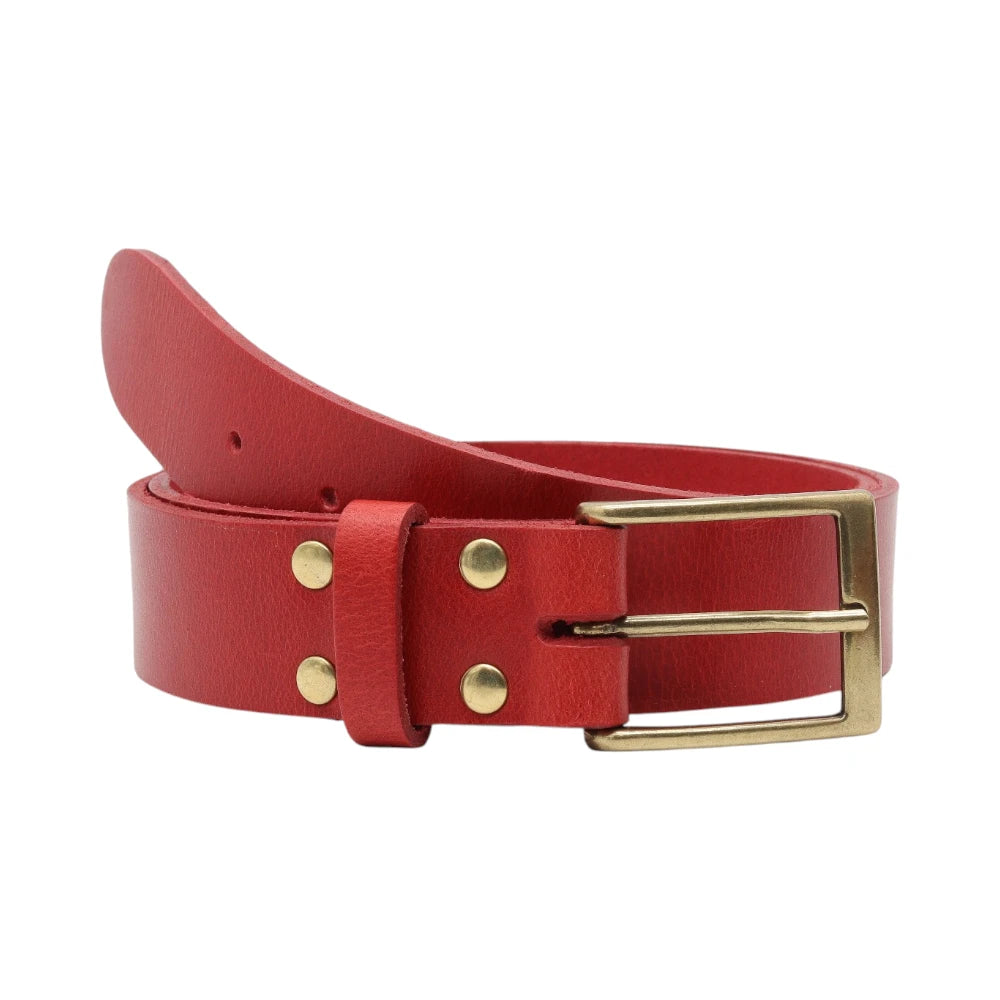 Red belt with gold buckle and studs on a white background
