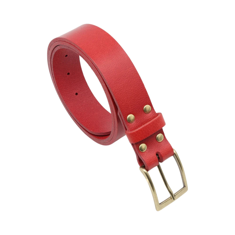 Red belt with a gold buckle on a white background