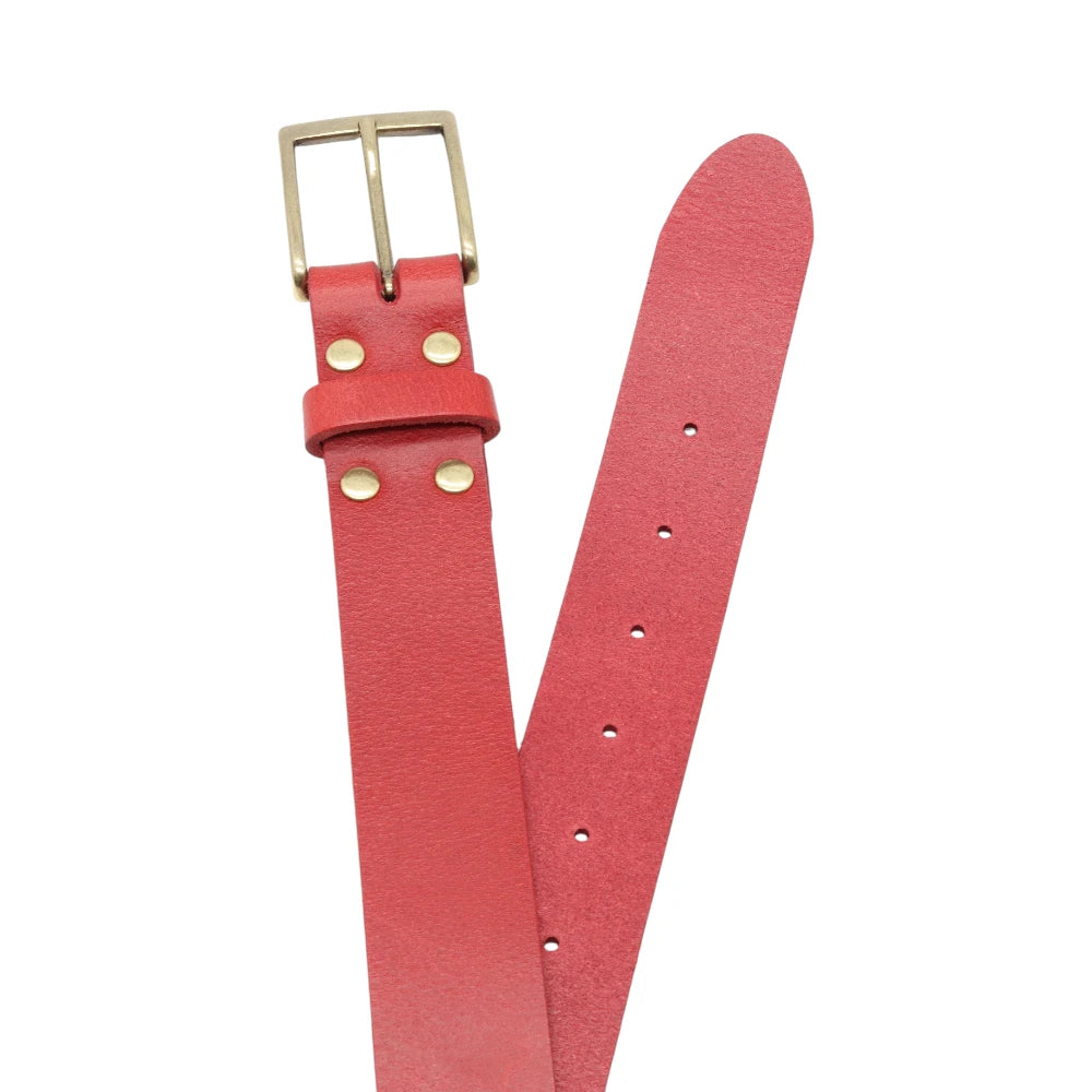 Red belt with a gold buckle on a white background