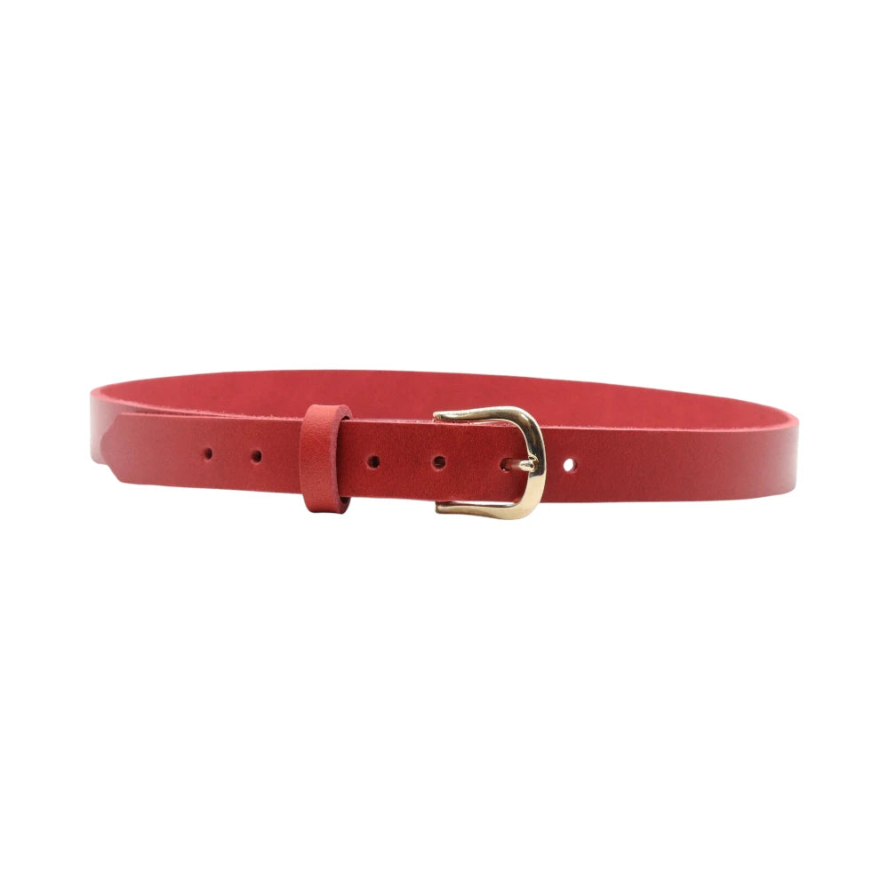 Full width view of Red belt with a gold buckle on a white background