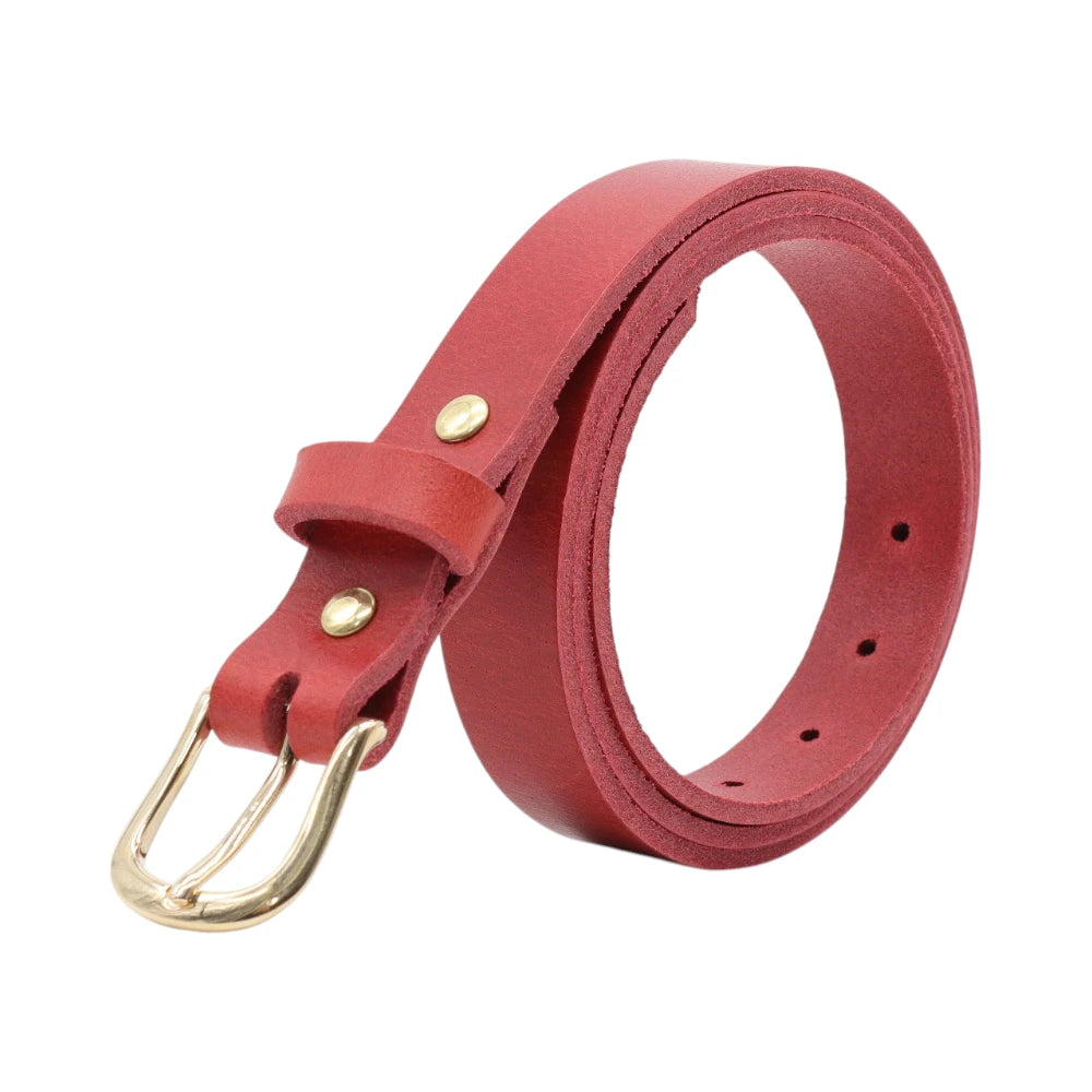 Red leather belt with gold buckle on a white background