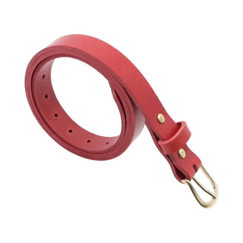 Red leather belt with a gold buckle on a white background