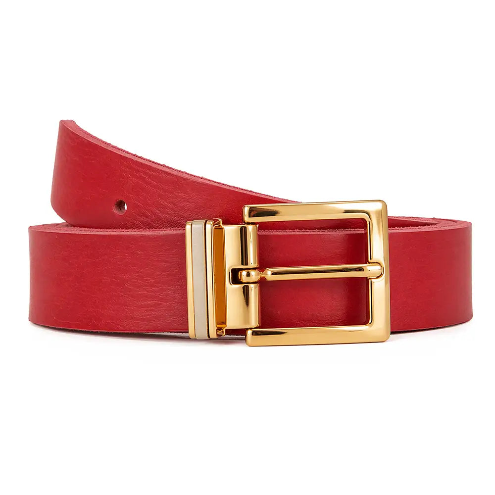 Front view of Red belt with a gold buckle on a white background