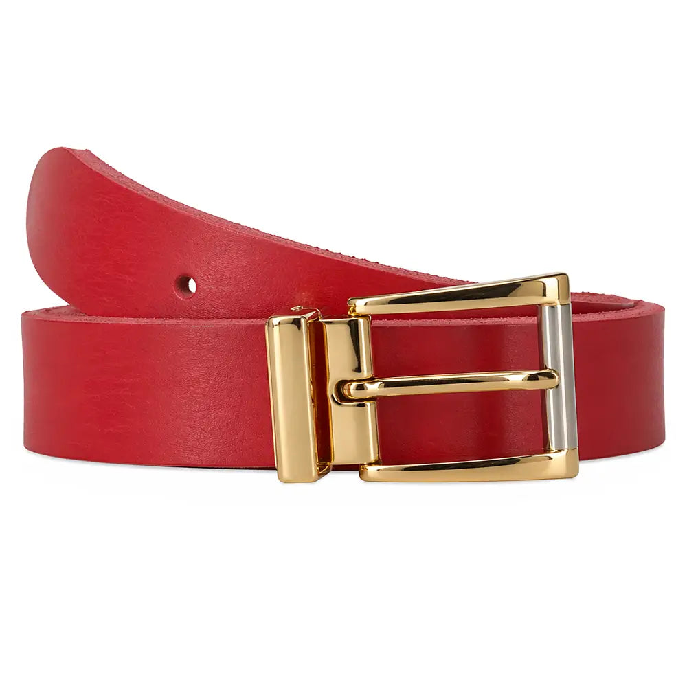 front view of Red belt with a gold buckle on a white background
