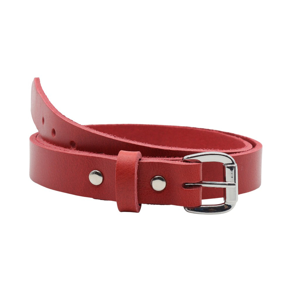 Front view of Red belt with a silver buckle on a white background