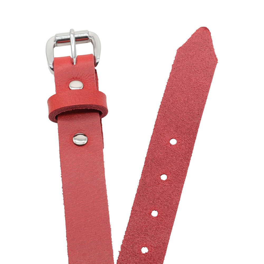 Top angle view of Red leather belt with silver buckle on a white background