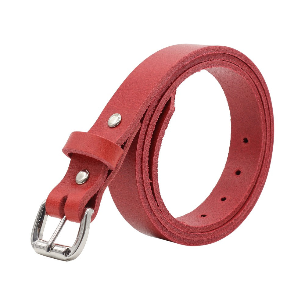 Red leather belt with silver buckle on a white background