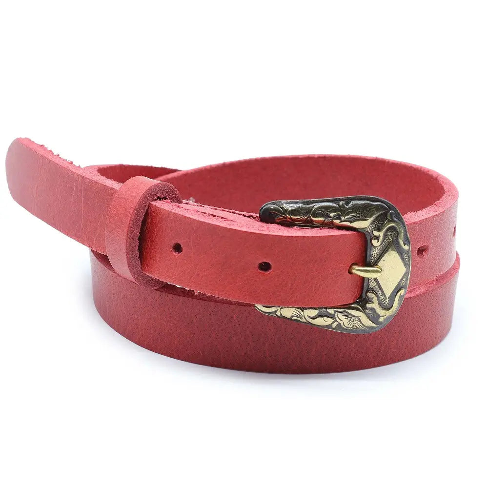 Front view of Red belt with a gold buckle on a white background